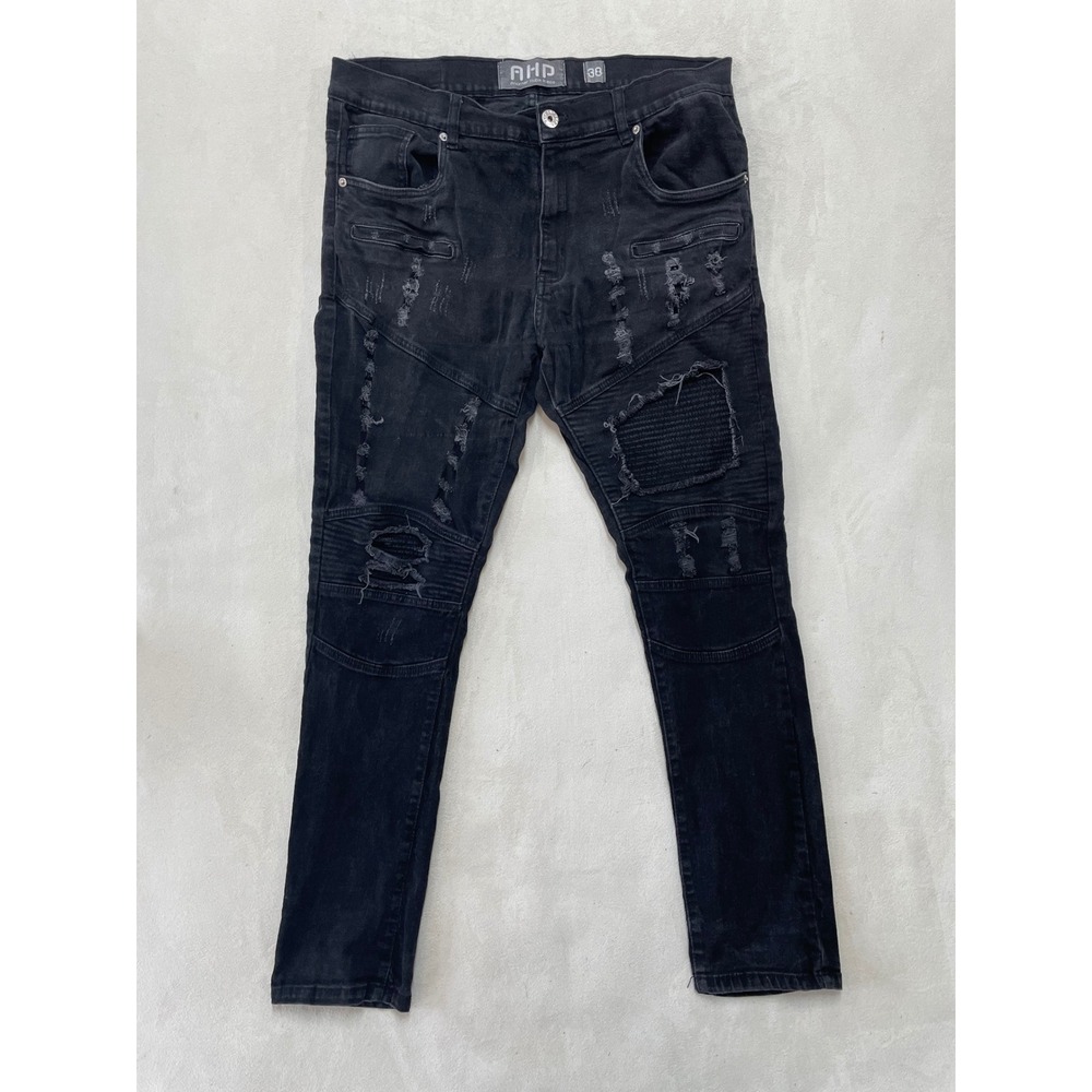 AHP Another Hype Piece Mens 38 Black Moto Distressed Biker Jeans Slim Fit Street